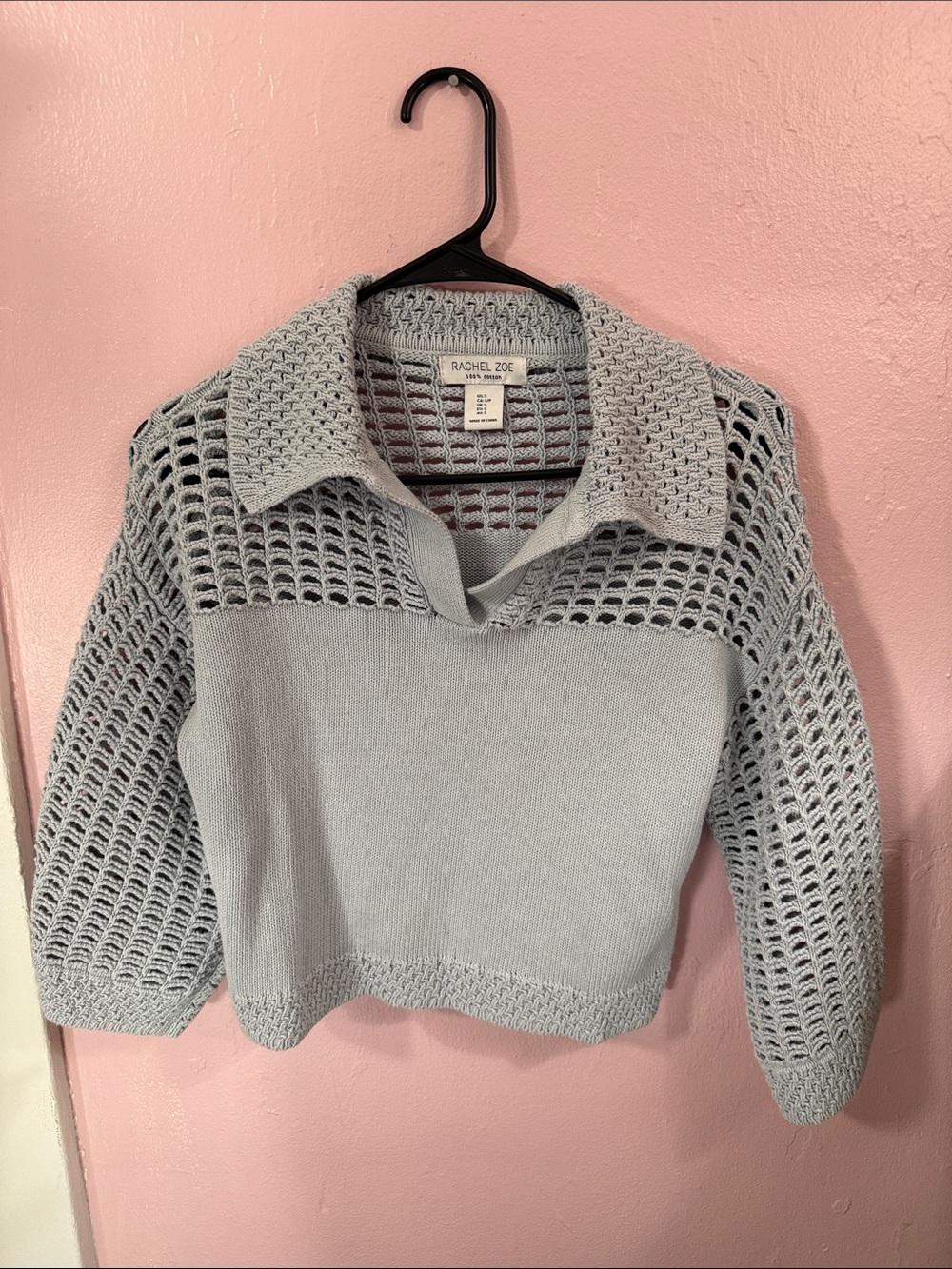 Rachel Zoe Light Gray Open-Weave Collared Sweater